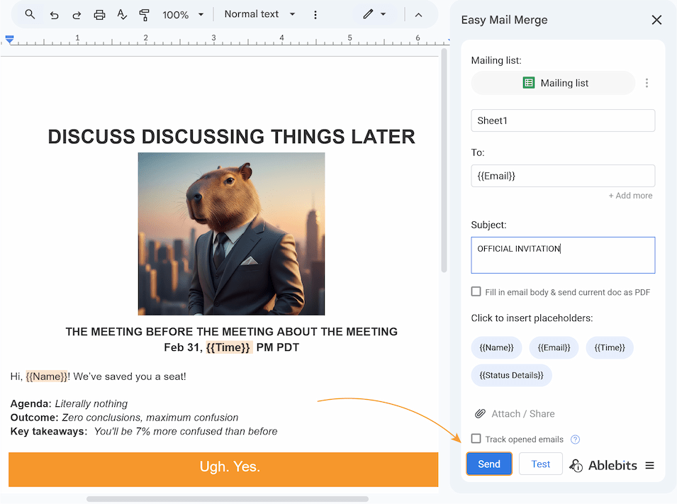After sending a test email to yourself to confirm it looks good, click Send to start your campaign.