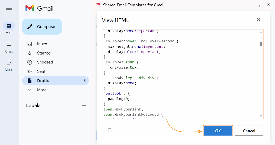 Write or paste your code, then click OK to save the template.