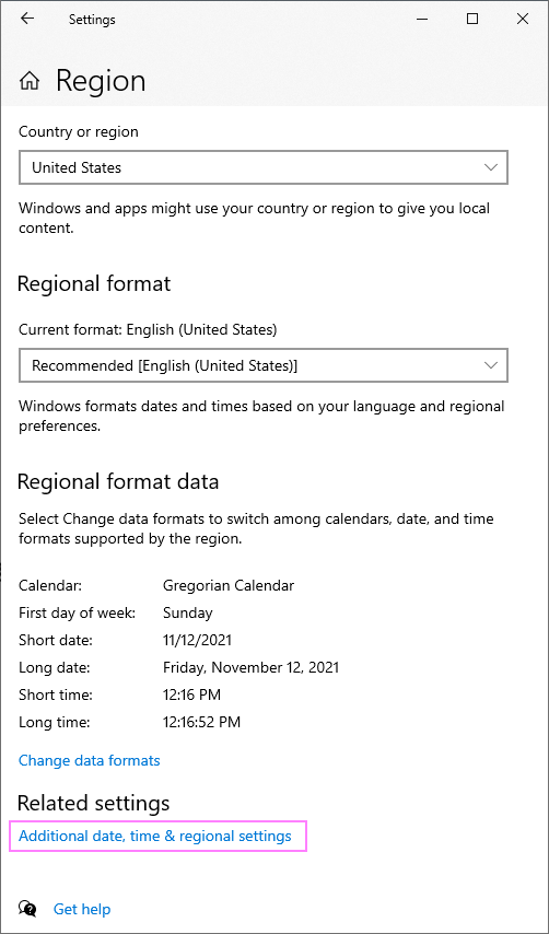 Additional date, time, and regional settings