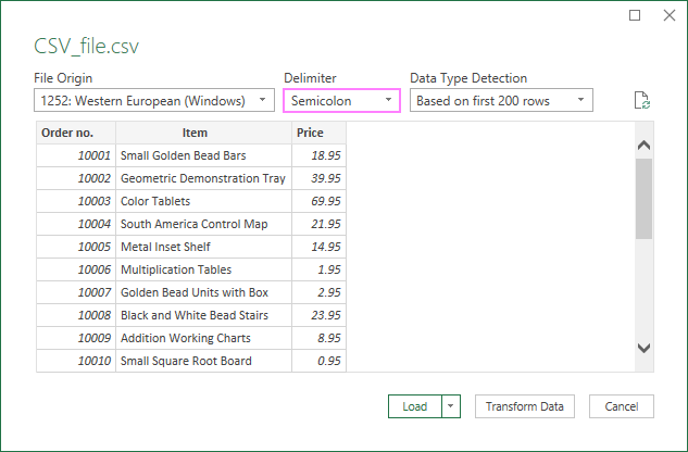 Choose the CSV delimiter when creating a Power Query connection.