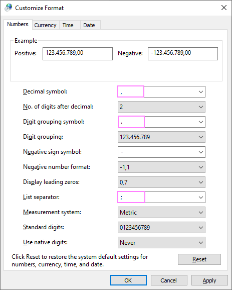 European regional settings