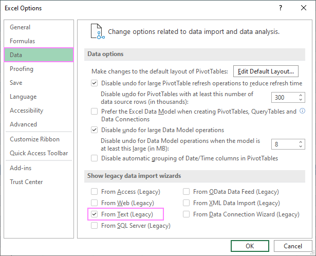 Enable the Text Import Wizard in Excel 365 - Excel 2016
