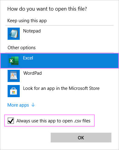 Setting Excel as the default app for .csv files
