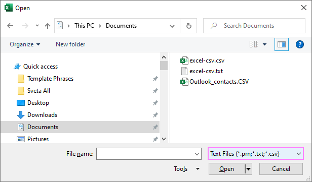 Opening a CSV file in Excel