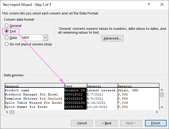 excel text import wizard column data format