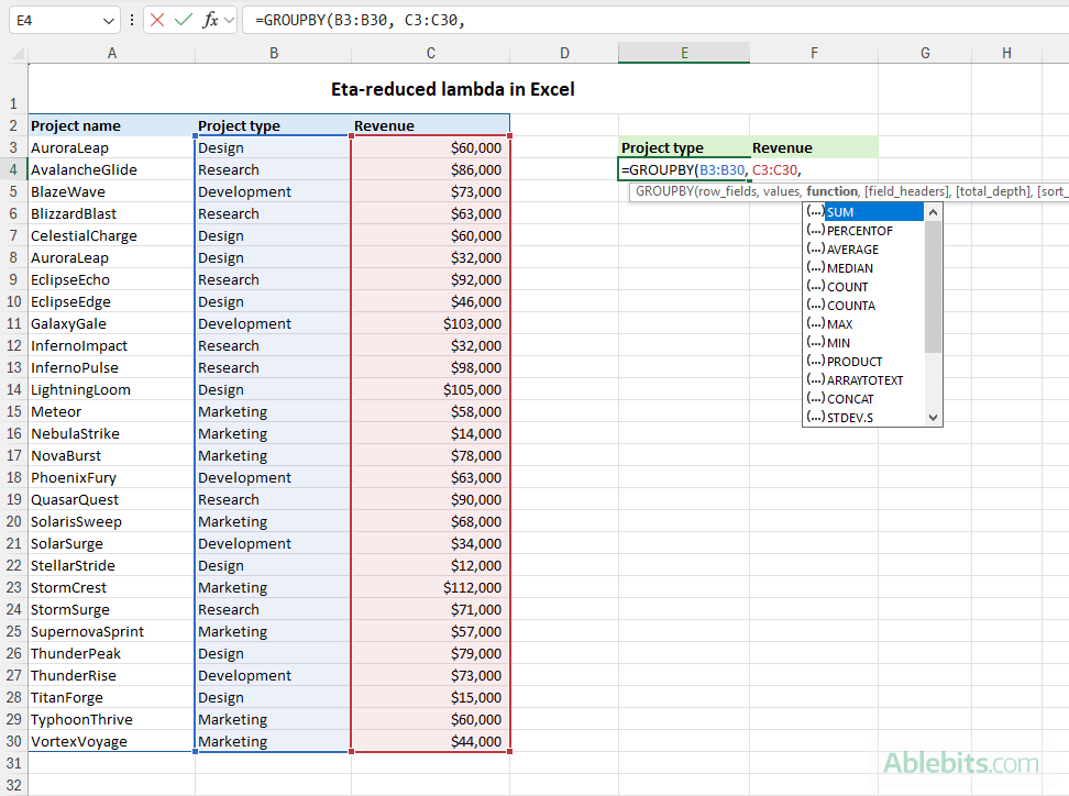 Predefined eta-reduced lambda functions in Excel