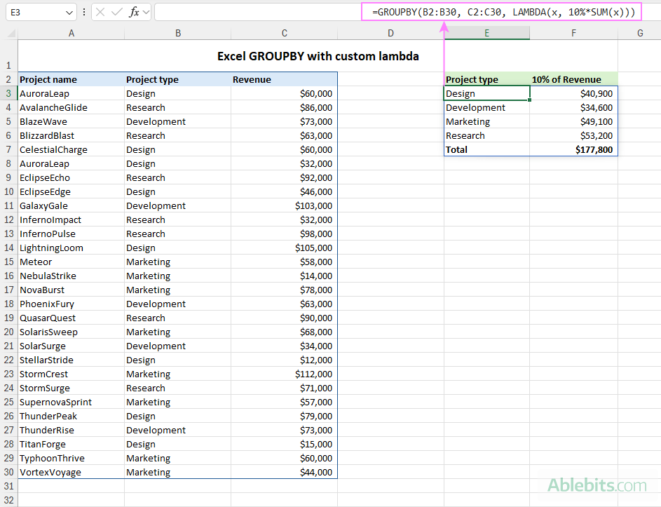 Excel GROUPBY formula with lambda to perform a custom aggregation