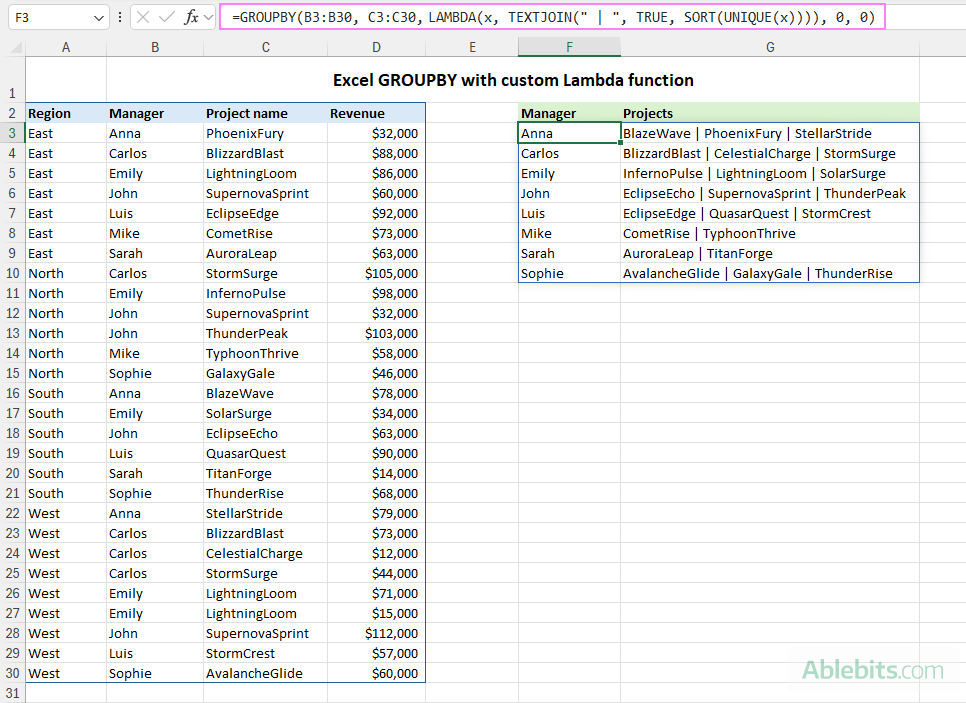 Excel GROUPBY with lambda to aggregate unique values