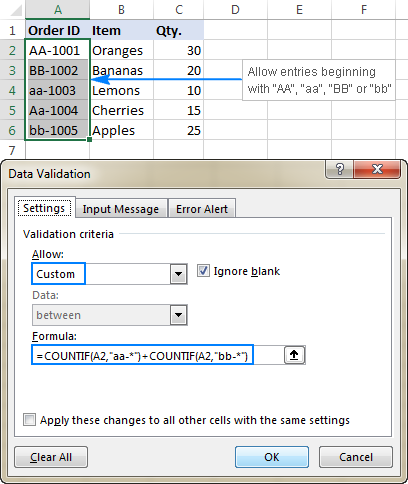 Excel data validation formula with the OR logic