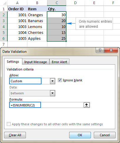 A custom data validation rule to allow numbers only
