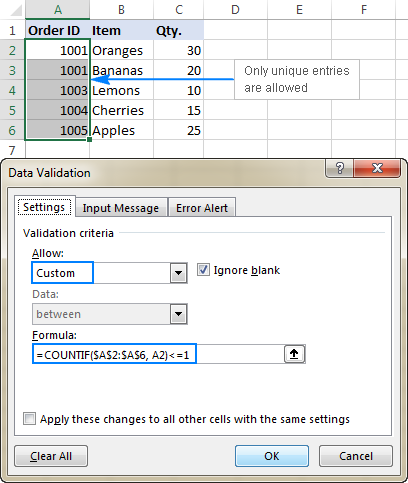 Data validation to allow only unique entries