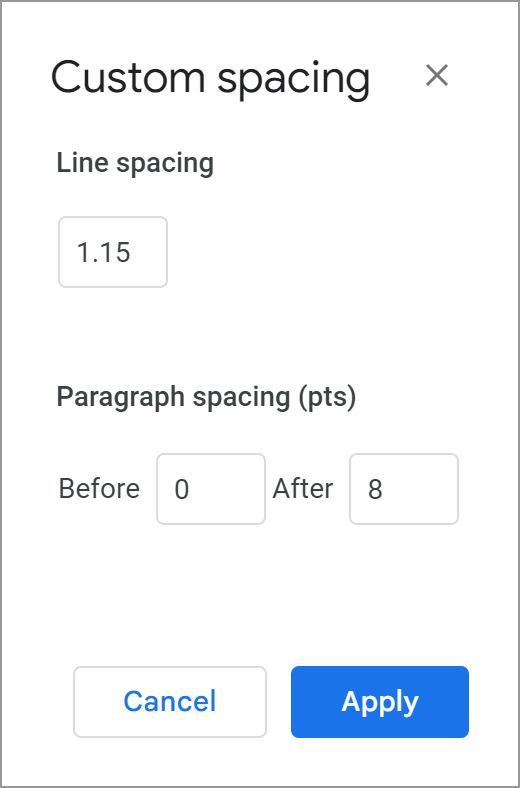 Custom line and paragraph spacing in Google Docs.