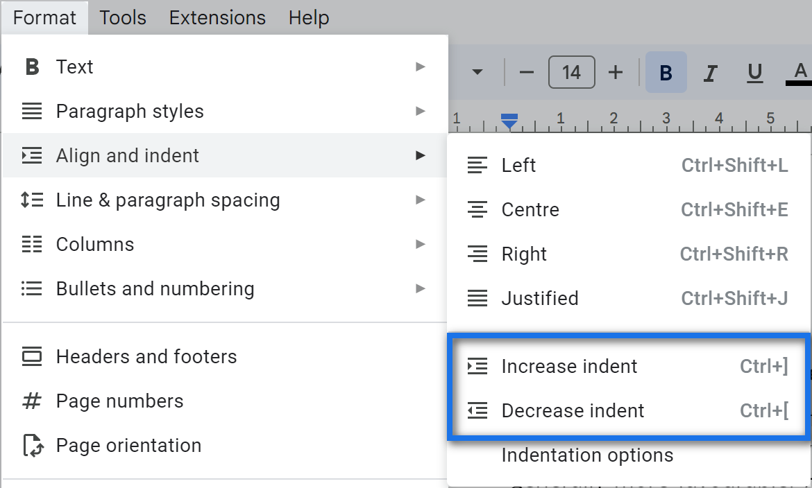 Increase or decrease Google Docs indent directly from the menu.