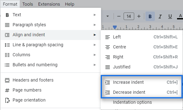 Increase or decrease Google Docs indent directly from the menu.