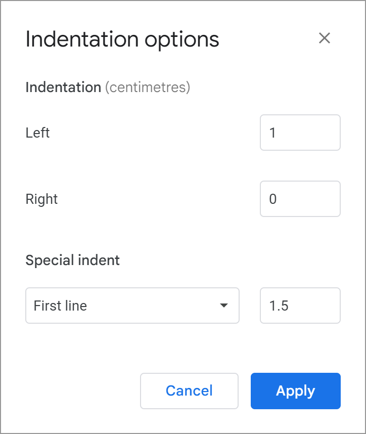 Additional indentation options to format your Google Docs.