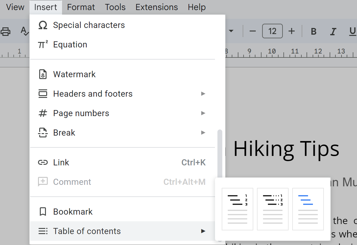 Insert table of contents in Google Docs.