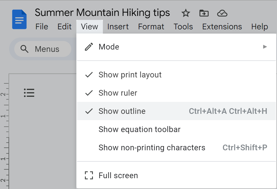 How to show outline in Google Docs.