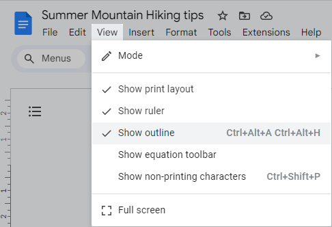 How to show outline in Google Docs.