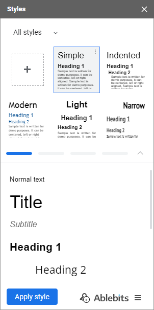 Styles add-on for Google Docs with 20+ built-in and your custom style templates.