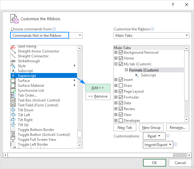 Add custom commands to Excel ribbon.