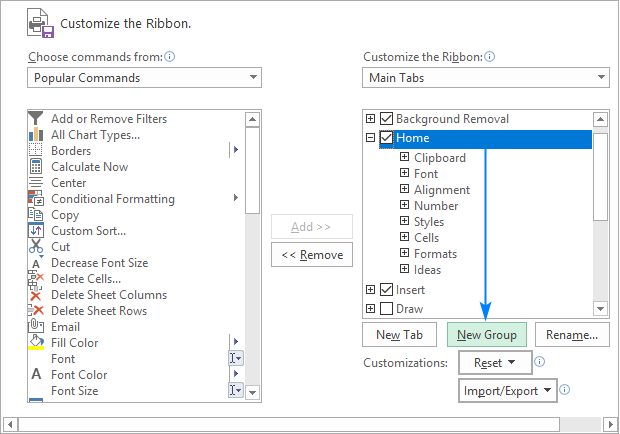 Customize Excel ribbon with your own tabs, groups or commands