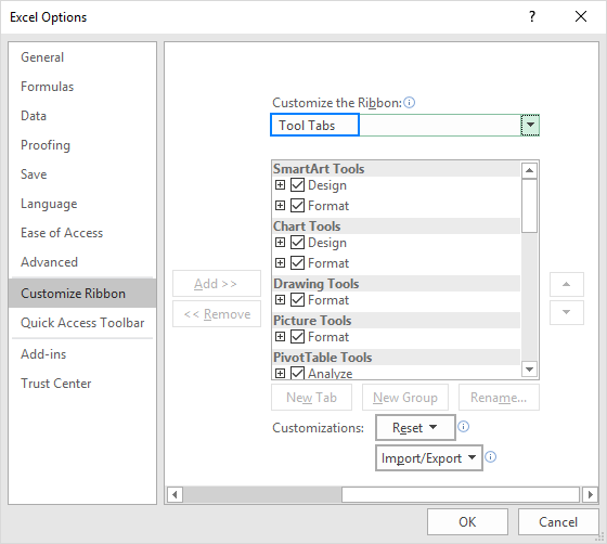 Customize contextual tabs on Excel ribbon