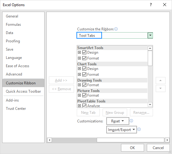 contextual tabs excel 2016 for mac