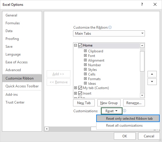 Reset Excel ribbon to default settings.