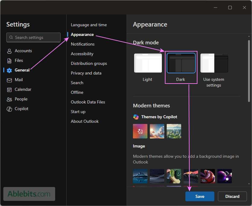 Change the new Outlook to dark mode.