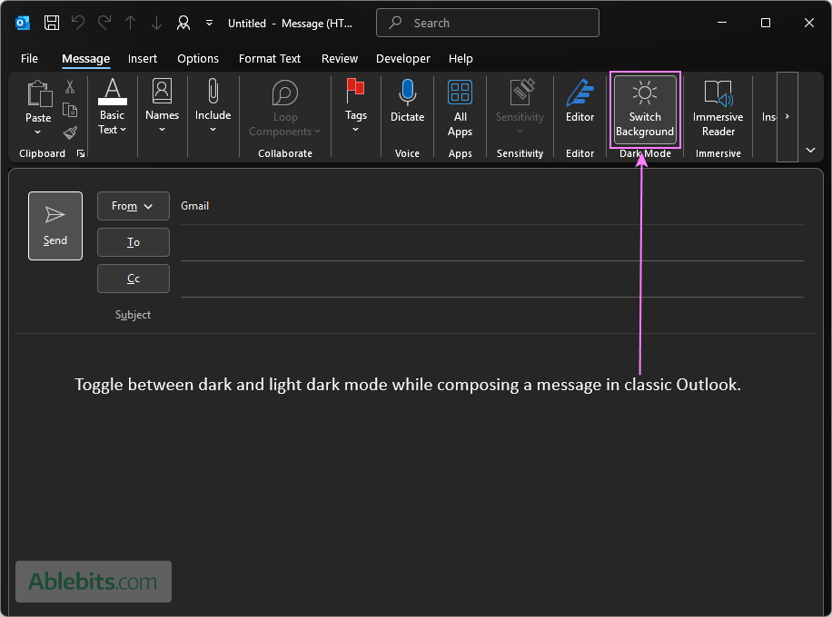 Toggle dark mode on or off in the Outlook message window.
