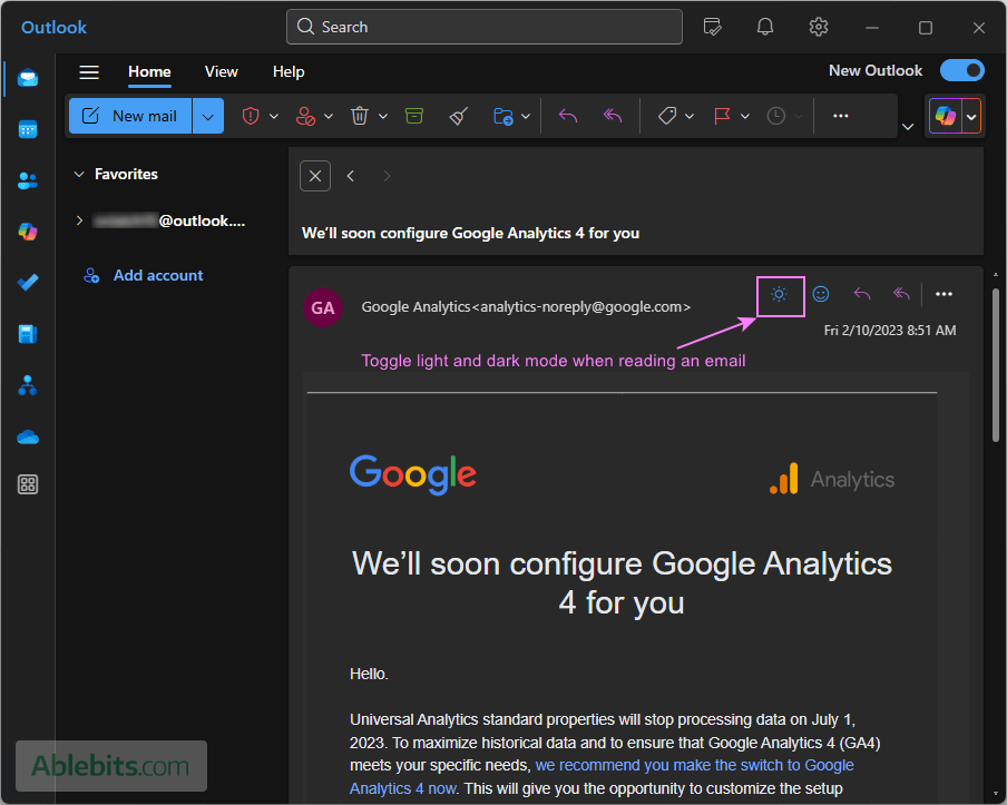 Toggle light and dark mode in the Outlook reading pane. Toggle light and dark mode in the Outlook reading pane.