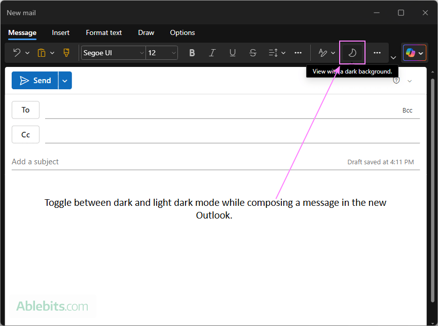 Toggle dark and light mode in the new Outlook email window. Toggle dark and light mode in the new Outlook email window.