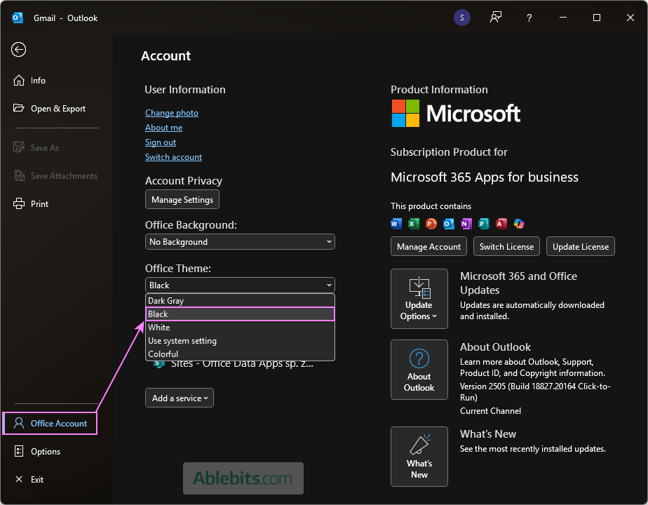 Turn on the Black theme in classic Outlook for Windows. Turn on the Black theme in classic Outlook for Windows.