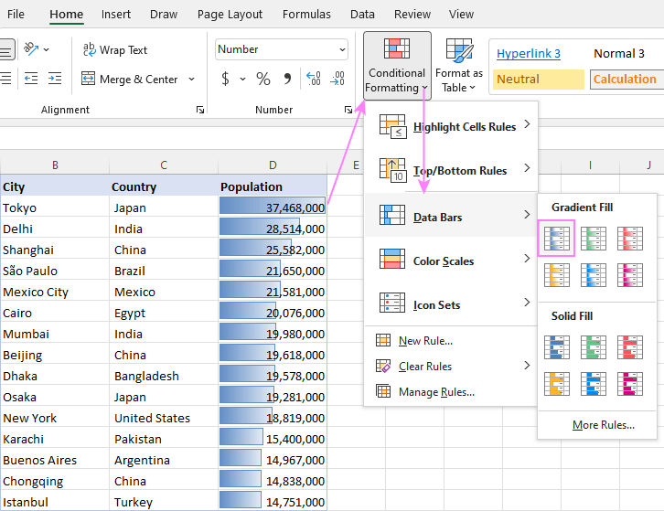 Добавьте столбцы данных градиентной заливки в Excel.