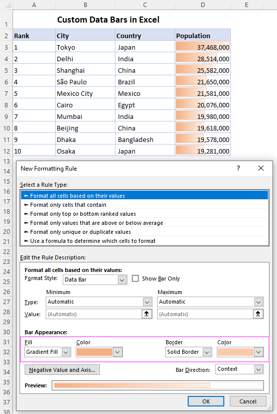 Creating custom data bars in Excel