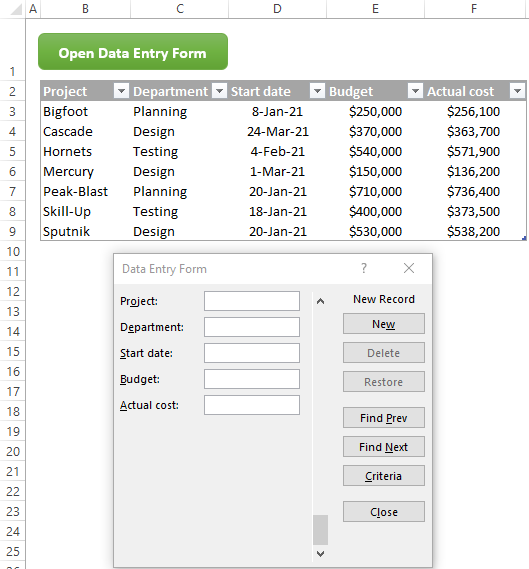 Open data entry form with VBA