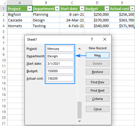 Add a new record using the data entry form