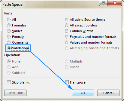 Copying Excel data validation rule to other cells