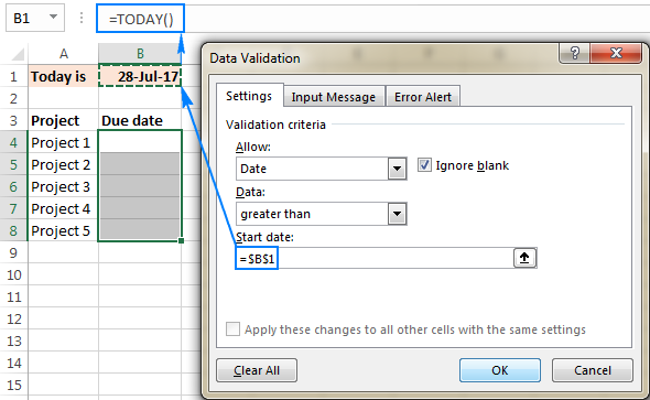 Excel data validation based on a formula in another cell