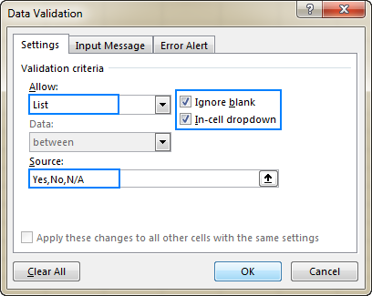 Creating an Excel data validation list