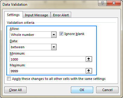 Excel data validation rule that allows only whole numbers between 1000 and 9999