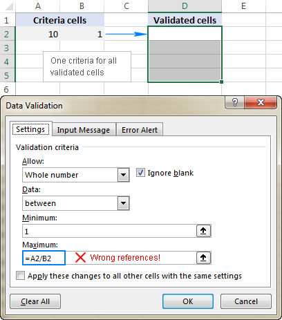 Incorrect cell references in a data validation formula