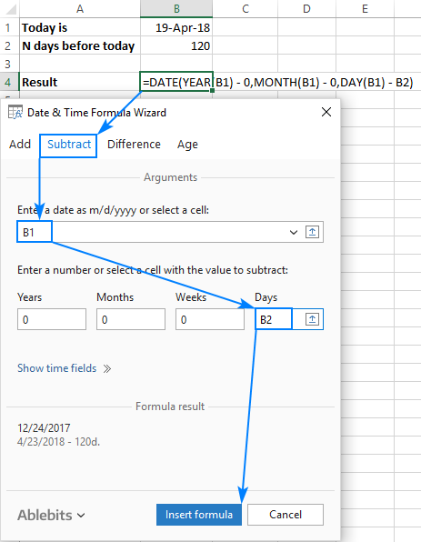 30/60/90 days from today or before today date calculator in Excel