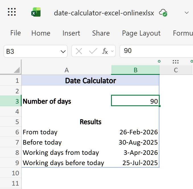 Online Excel Calculator to find a date N date from/before today.