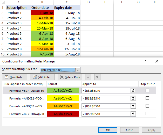 30/60/90 days from today or before today date calculator in Excel