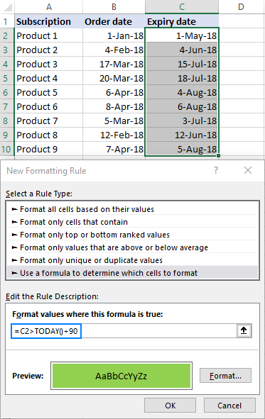 Creating a conditional formatting rule to highlight dates 90 days from today