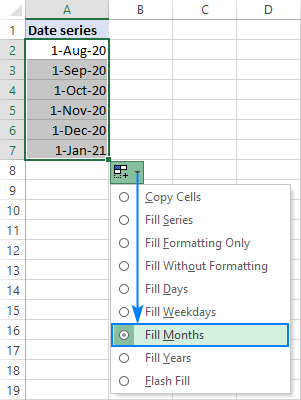 Auto fill a series of months in Excel.