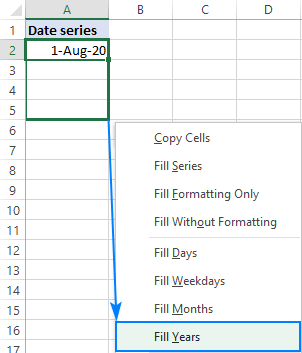 Tự động điền một chuỗi năm trong Excel.