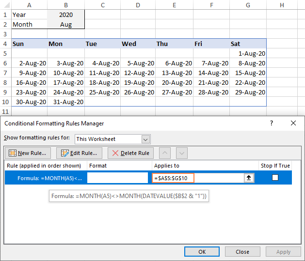 Set up a conditional formatting rule to hide irrelevant dates.