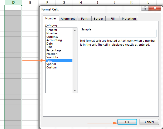 Select the column where you want to insert the text strings and apply the Text format to it.